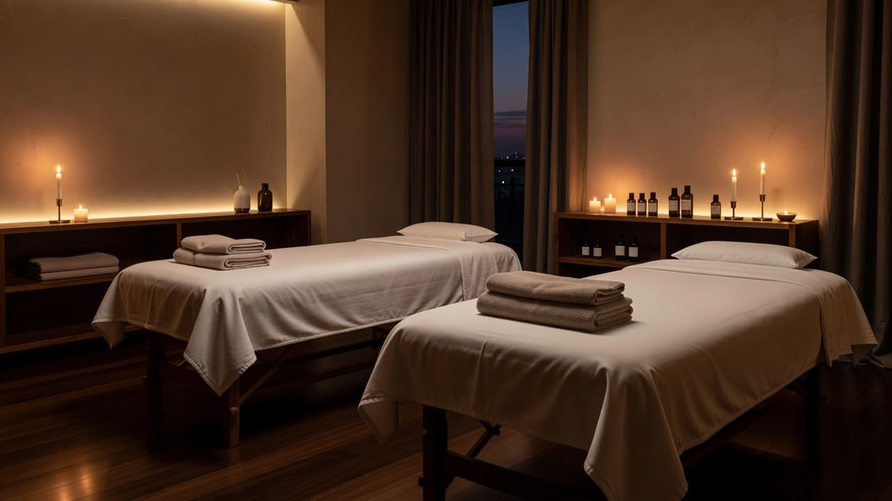 A pristine massage room features plush beds covered in folded white linens under soft, amber lighting. Decorative wooden accents and clean, minimalist decor create a calming retreat for guests seeking relaxation.