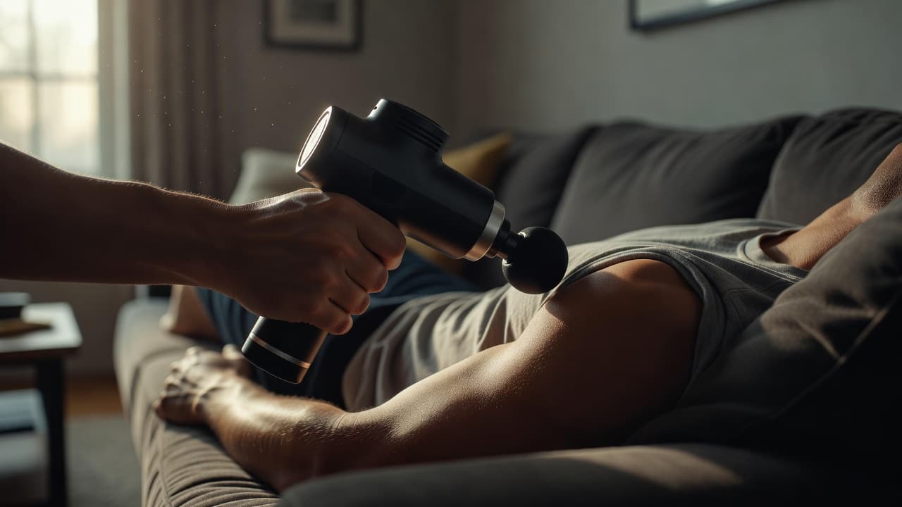 A handheld percussion massager applies gentle pressure to a person's shoulder while they relax on a soft sofa. The scene focuses on athletic recovery through cinematic lighting and sharp, focused details.