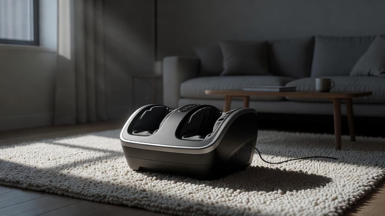 A sleek electric massager rests upon a plush cream-colored rug in a peaceful living room. Warm ambient lighting highlights the curved contours of the device against the textured fabric background.