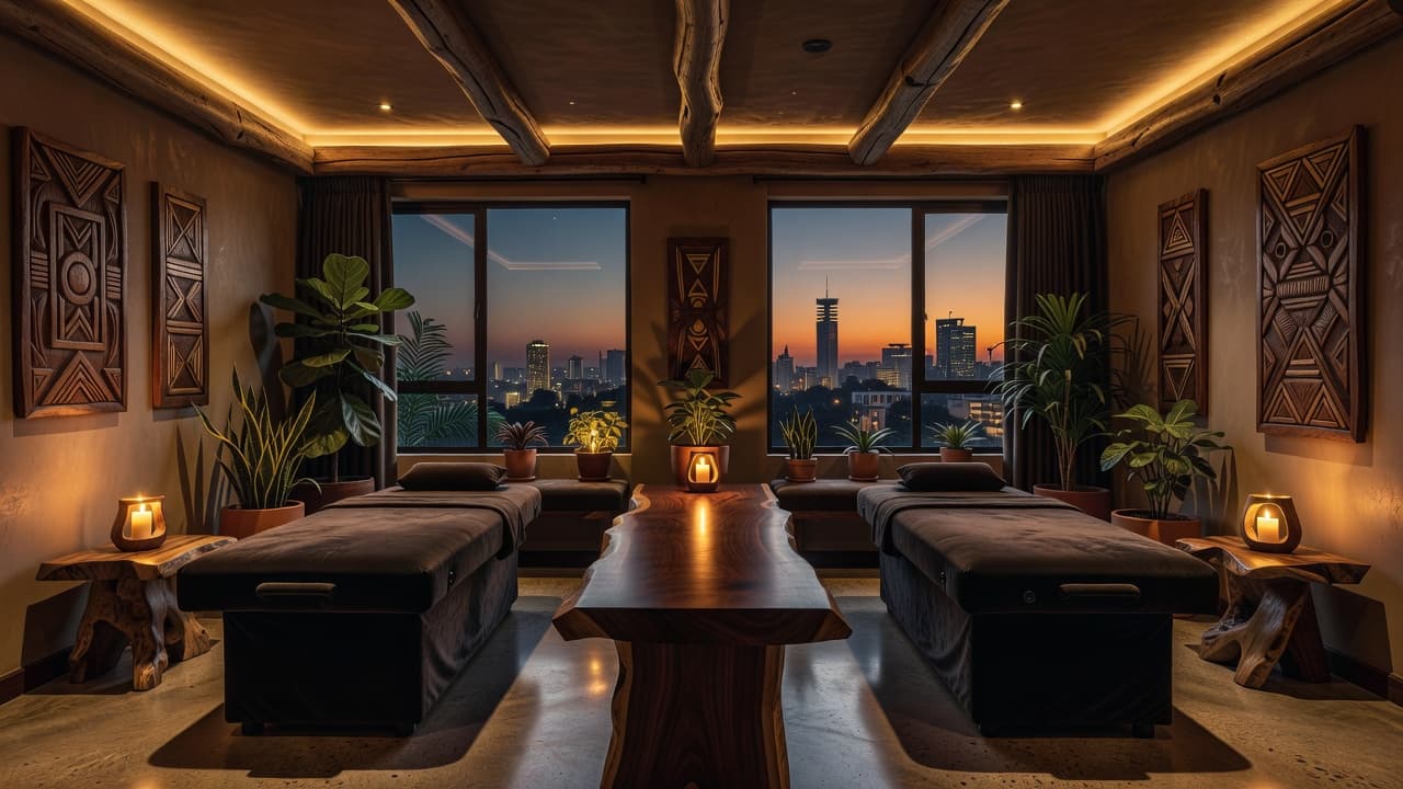 Soft warm lighting illuminates a tranquil room featuring plush massage tables set against organic wooden wall paneling. Decorative woven baskets and minimalist textures create a serene, high-end atmosphere for wellness.