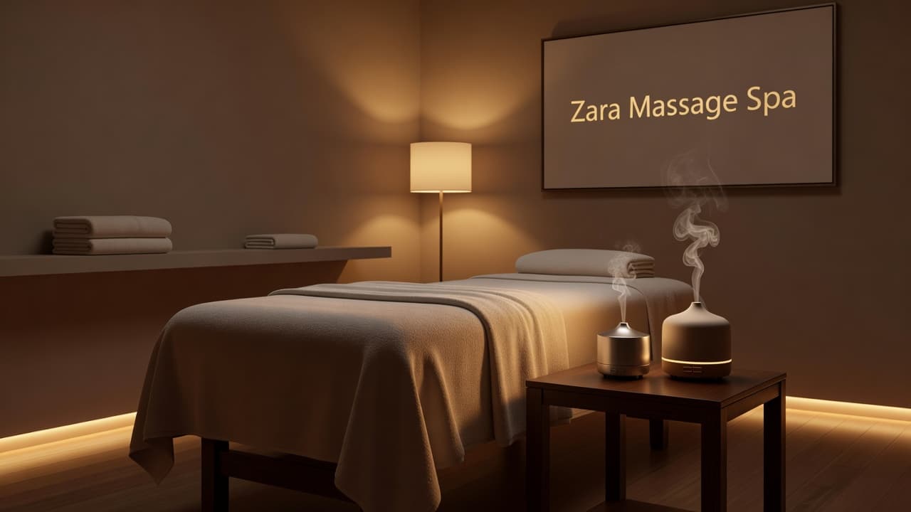 Neatly folded white towels sit atop a massage table inside a dimly lit sanctuary. Warm amber glows from essential oil diffusers as soft shadows create a calm, restorative atmosphere for clients.