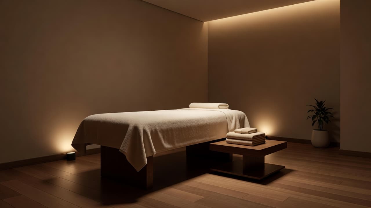 A tranquil spa treatment room features a plush massage bed topped with neatly folded white towels. The polished wooden floors and minimalist wooden walls create a calming, high-end atmosphere for therapy.