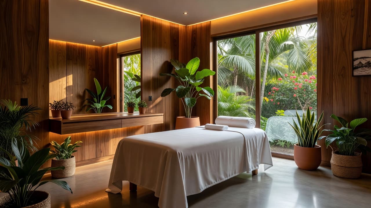 A plush massage table with crisp white linens sits center stage in a serene Kilimani spa room. Tropical indoor plants add vibrant life against warm wooden paneling and soft ambient lighting.