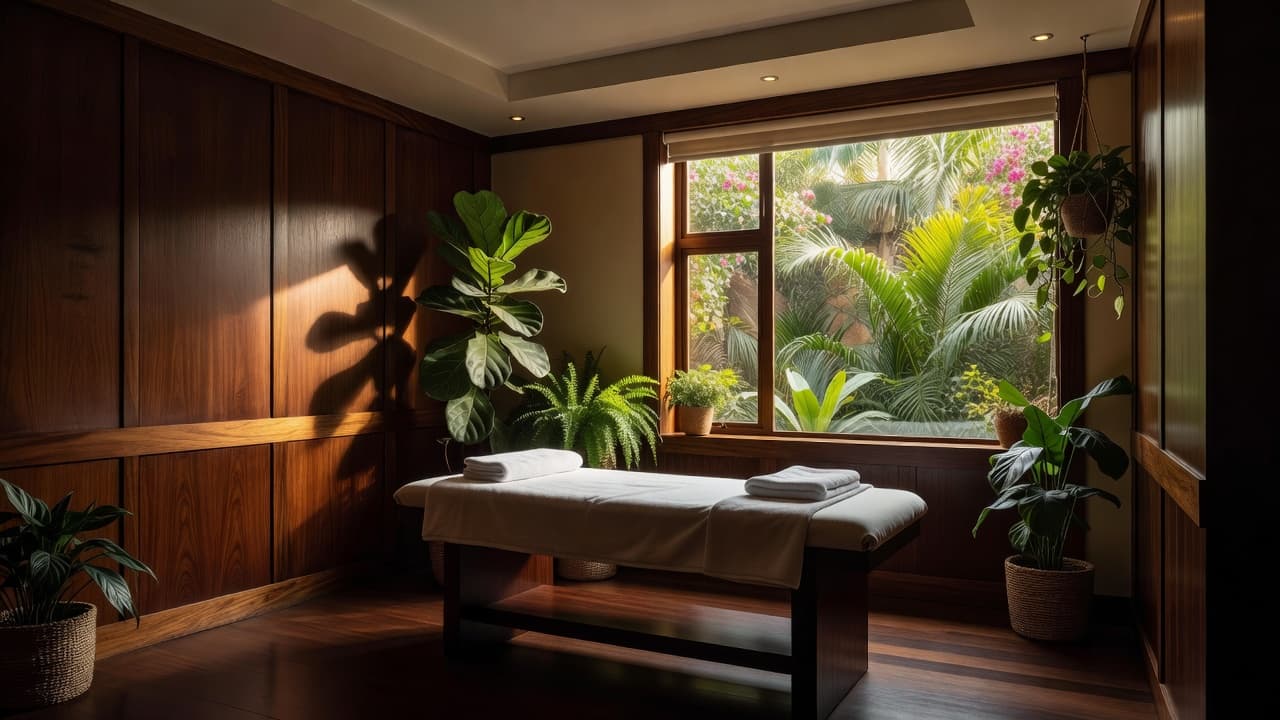 A plush massage table with folded white towels sits beneath soft ambient lighting in a serene room. Lush indoor plants complement warm wooden paneling to create a peaceful, cinematic sanctuary.