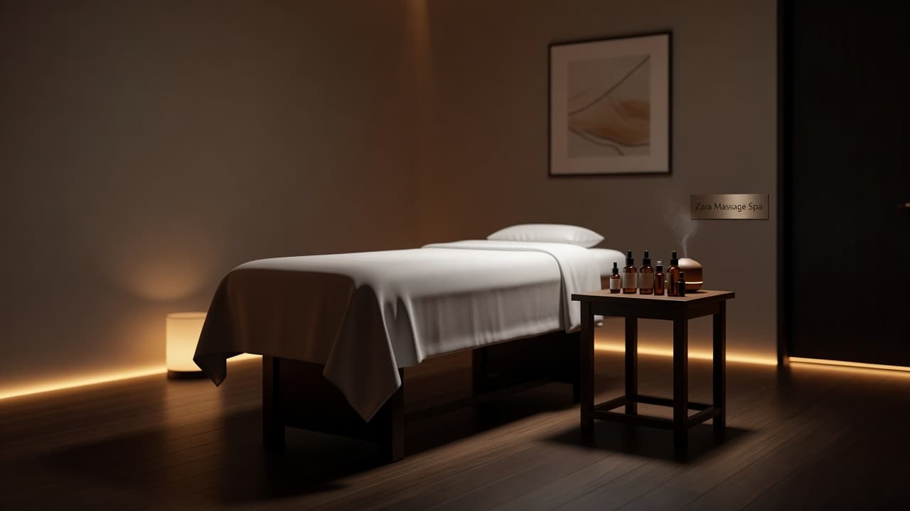 A professional massage table with crisp white linens sits in a dim, ambient room. A small side table holds essential oils, while warm, soft lighting creates a tranquil and inviting atmosphere.